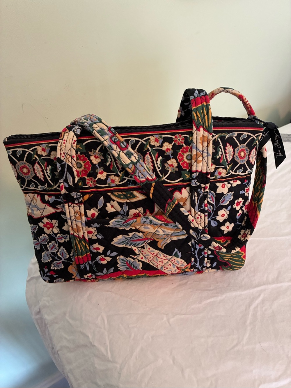 Vera Bradley Black Quilted Floral Tote with Multicolor Print